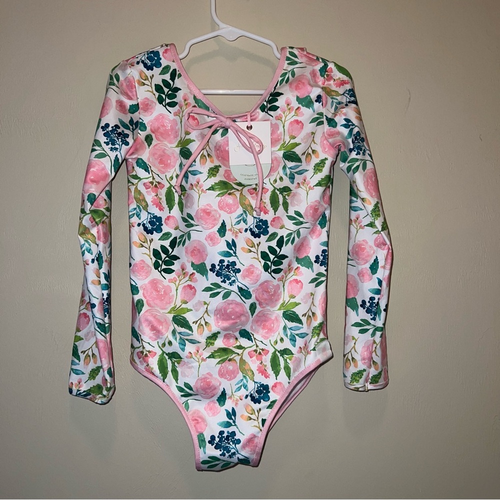 NWT Long Sleeve Floral One-Piece Ballet Gymnastics Leotard in Pink & Green